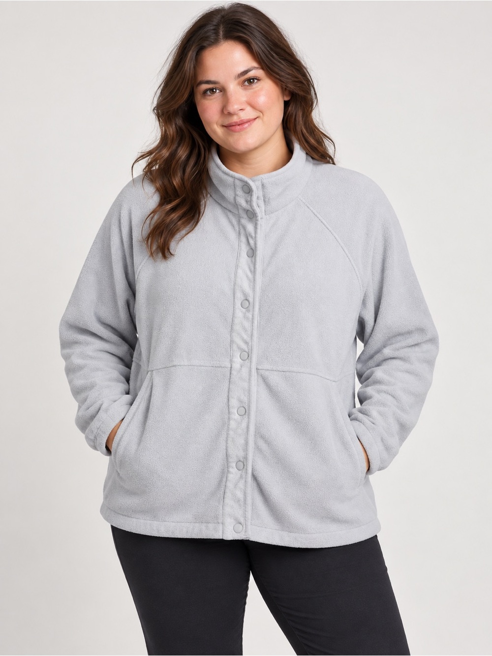 Lands' End Light Gray Teddy Fleece Snap Jacket - Women Size 18